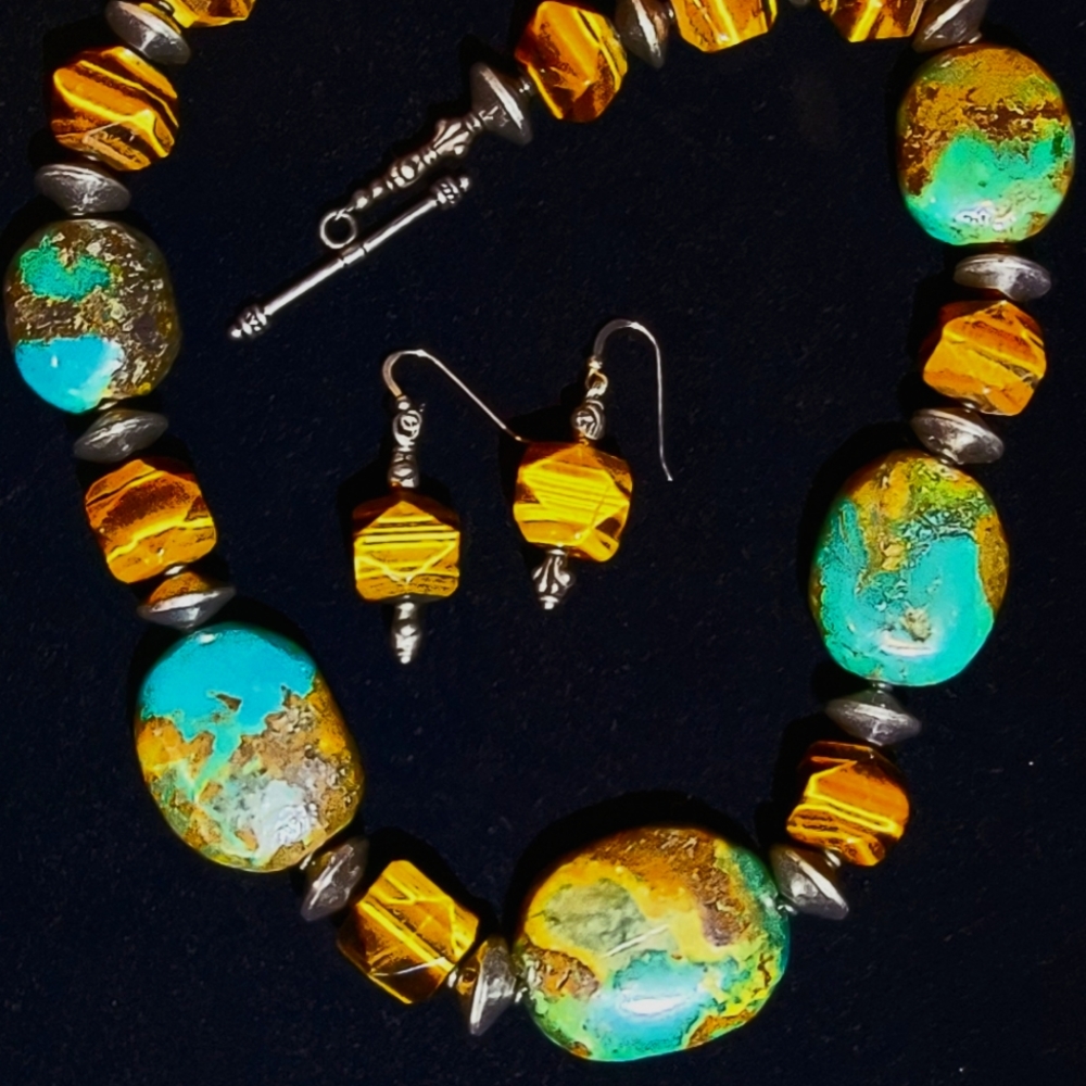 Chunky Turquoise Tiger Eye Sterling 925 Necklace 20" earrings set